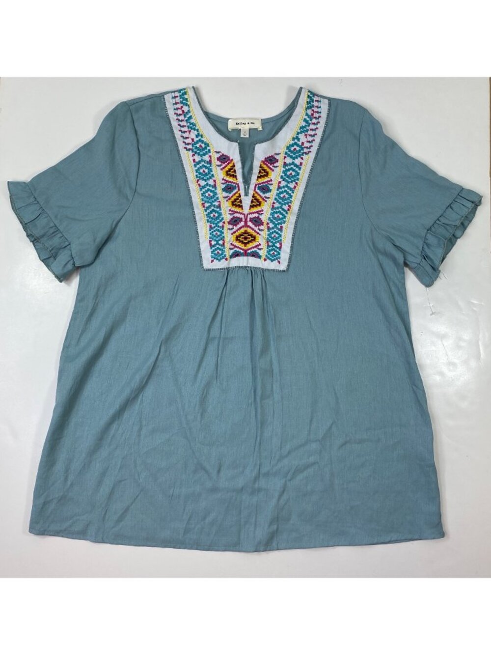 Hailey & Co. Womens Tunic Top Blue Embroidered Ruffle Sleeves Size Small